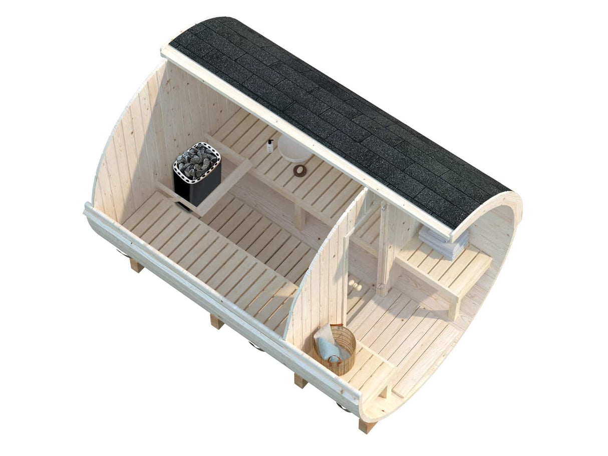 Anita L (2,2x2,9m | 1,6+0,7m² | 42mm) puinen tynnyrisauna