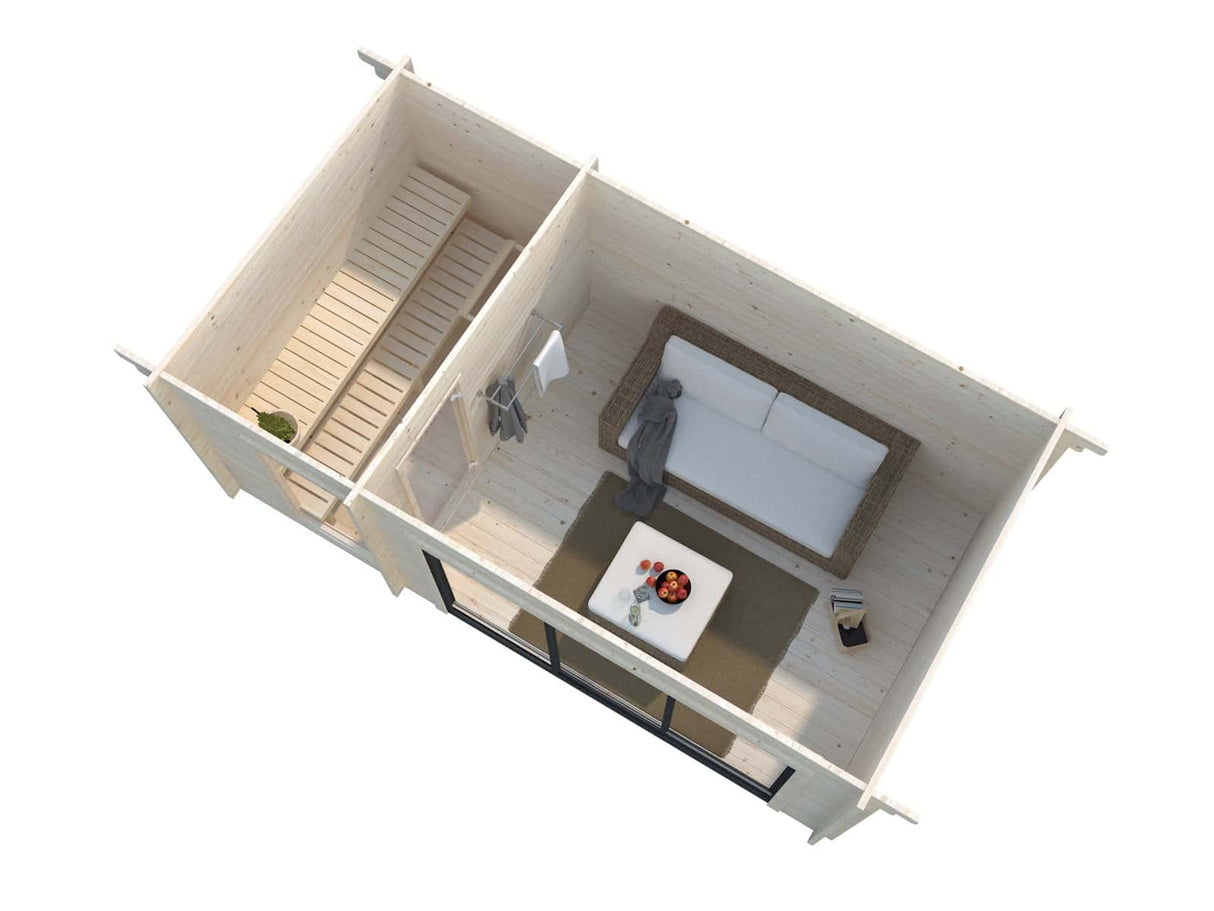 Sanna Sauna XL (5,2x2,9m | 12,8m² | 44mm) Moderni pihasauna tuplasillisilla liukuovilla