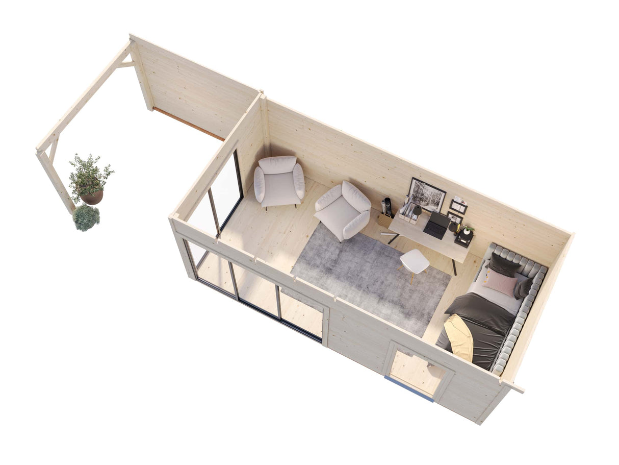 Andrea XL (9x3m | 17,1+7,9m² | 44mm) piharamökki liukuovilla (saatavana kaksilasitus)
