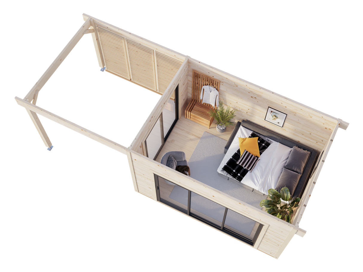 Grace (4x3m | 11,2+8,2m² | 56mm) Liimapuinen piharakennus kaksilasitetuilla liukuovilla ja katoksella