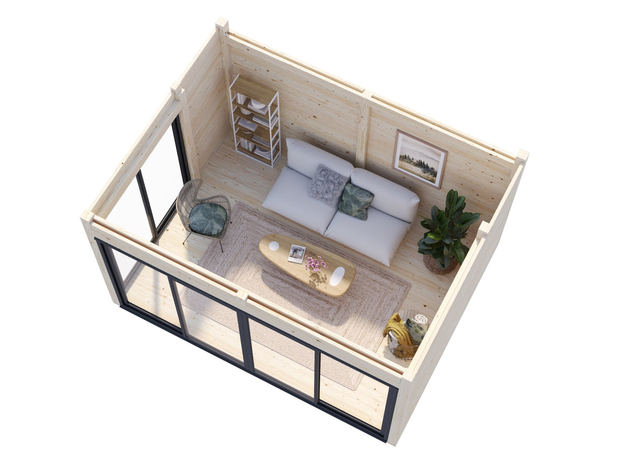 Serena 1 (4,2x3,2 m | 12,6 m² | 44 mm) Moderni kulmamallinen lasipaviljonki pihaan – alumiiniovet ja -ikkunat (yksilasinen tai kaksilasinen)