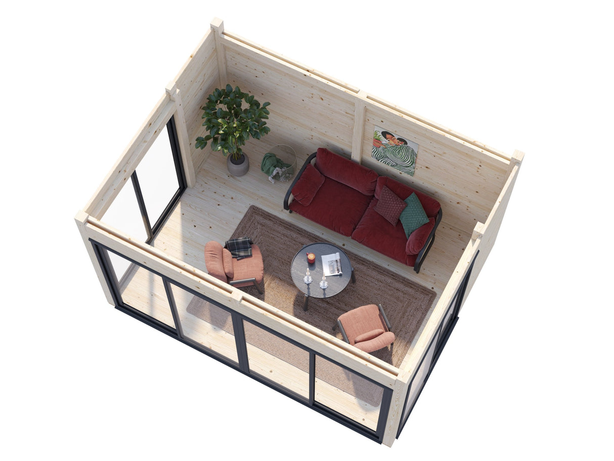 Serena 2 (4,2x3,2 m | 12,6 m² | 44 mm) Moderni lasipaviljonki pihaan – alumiiniovet ja -ikkunat (yksilasinen tai kaksilasinen)