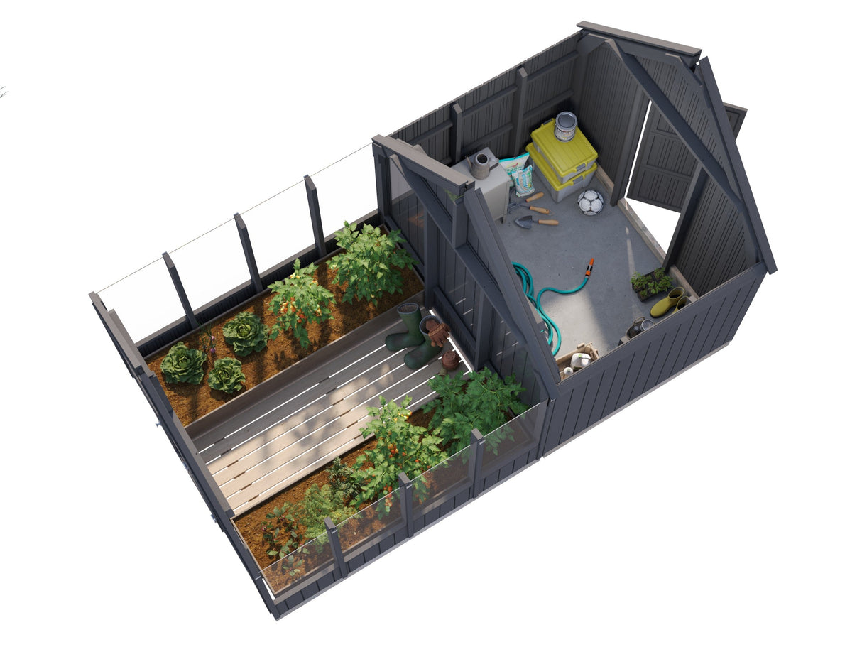 Emilia S+ (2,4x4,3 m | 5,4 + 4 m² | 18 mm) Kompakti kasvihuone ja varasto – tehtaalla maalattu