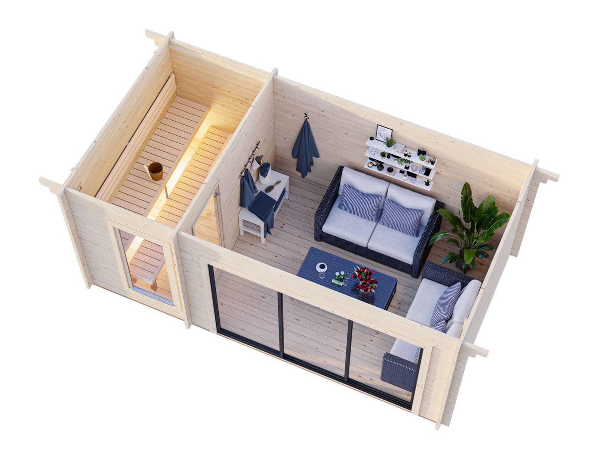 Sanna Sauna XL (5,2x2,9m | 12,8m² | 44mm) Moderni pihasauna tuplasillisilla liukuovilla