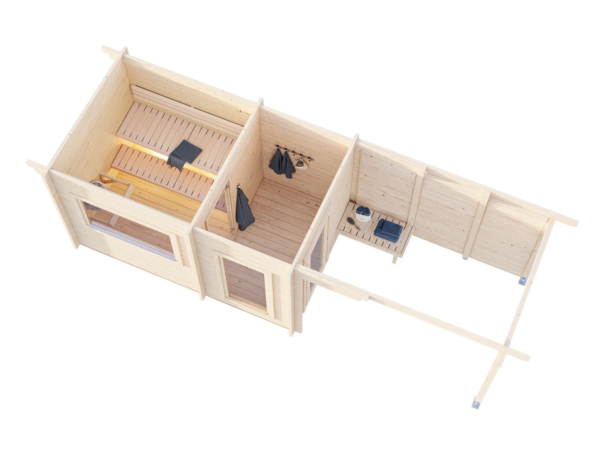 Sanna M+ (6,5x2,5m | 6,8+5,9m² | 44mm) Moderni pihasauna pukuhuoneella ja katoksella