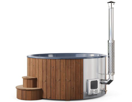 Solace M (d200cm | 6-hengen) Pyöreä puulämmitteinen kylpytynnyri integroidulla puukiukaalla - LED & lämpökansi sisältyy