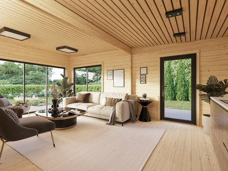 Cecilia XXXL (6,7x6,7 m | 39,9 m² | 70 mm) Moderni 2-makuuhuoneen pihamökki hirsirakenteella