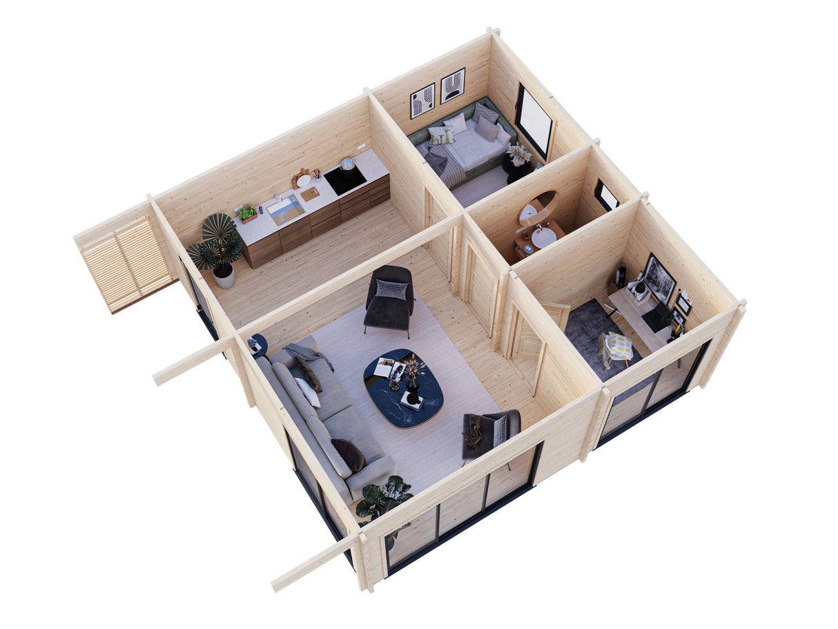 Cecilia XXXL (6,7x6,7 m | 39,9 m² | 70 mm) Moderni 2-makuuhuoneen pihamökki hirsirakenteella