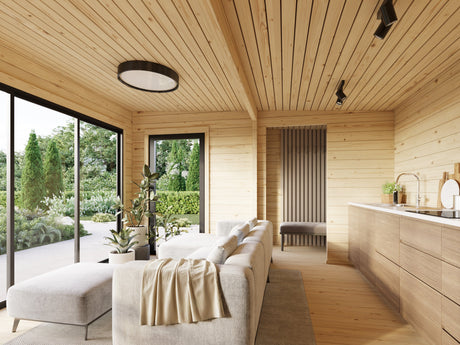 Cecilia L2 (7,9x4,4 m | 27,3 m² | 70 mm) Moderni hirsinen pihamökki alumiiniovilla ja -ikkunoilla