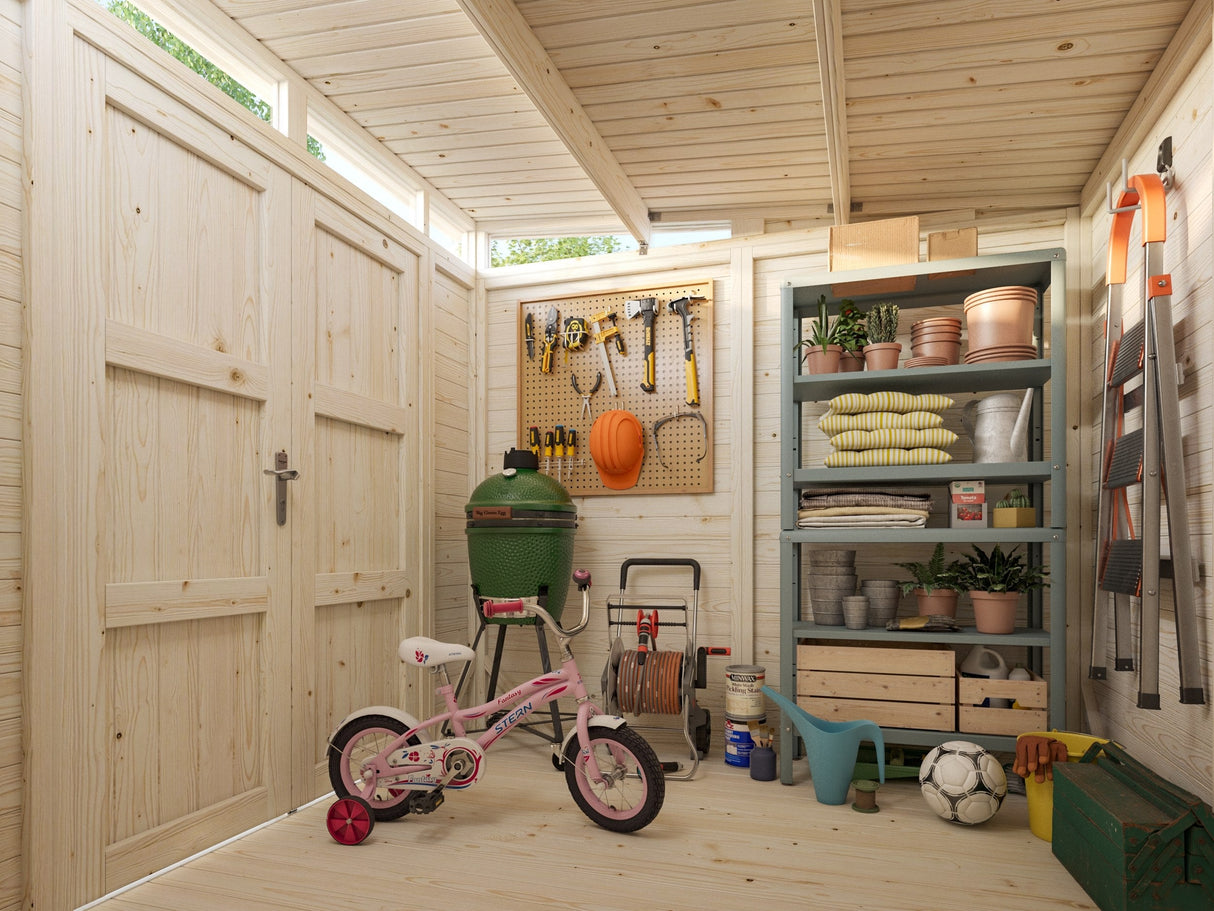 Elias S (2,2x2,3 m | 4,9 m² | 16 mm) Kompakti puinen varastovaja yläikkunoilla