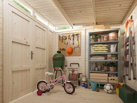 Elias S (2,2x2,3 m | 4,9 m² | 16 mm) Kompakti puinen varastovaja yläikkunoilla