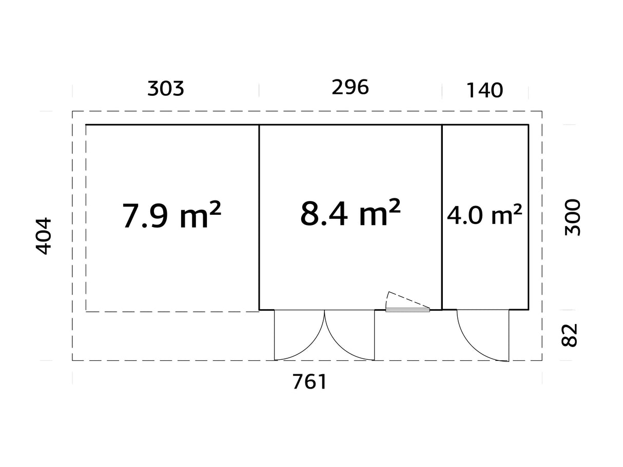 Aurelia S+ (7,4x3 m | 12,4 + 7,9 m² | 44 mm) Pulpettikattoinen hirsimökki katoksella ja sivuvajalla