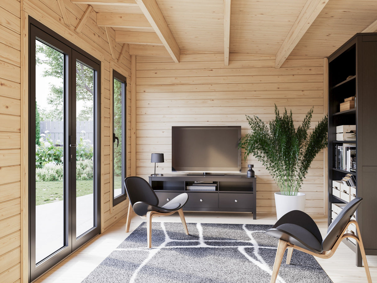 Aurelia M+ (7,5x3 m | 12,7 + 7,9 m² | 44 mm) Moderni pulpettikattoinen pihahuone katoksella