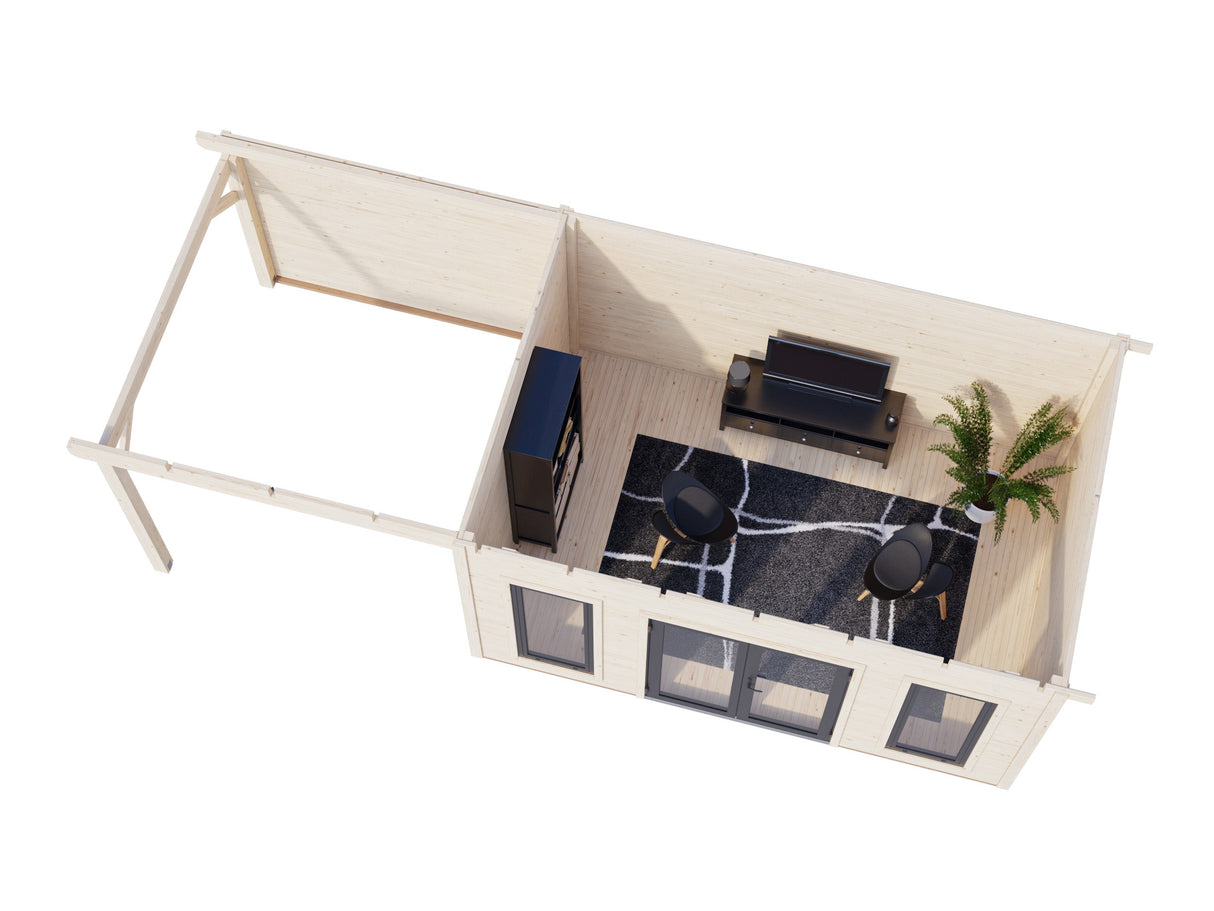 Aurelia M+ (7,5x3 m | 12,7 + 7,9 m² | 44 mm) Moderni pulpettikattoinen pihahuone katoksella