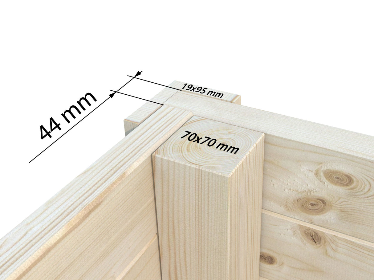 Aurelia M+ (7,5x3 m | 12,7 + 7,9 m² | 44 mm) Moderni pulpettikattoinen pihahuone katoksella