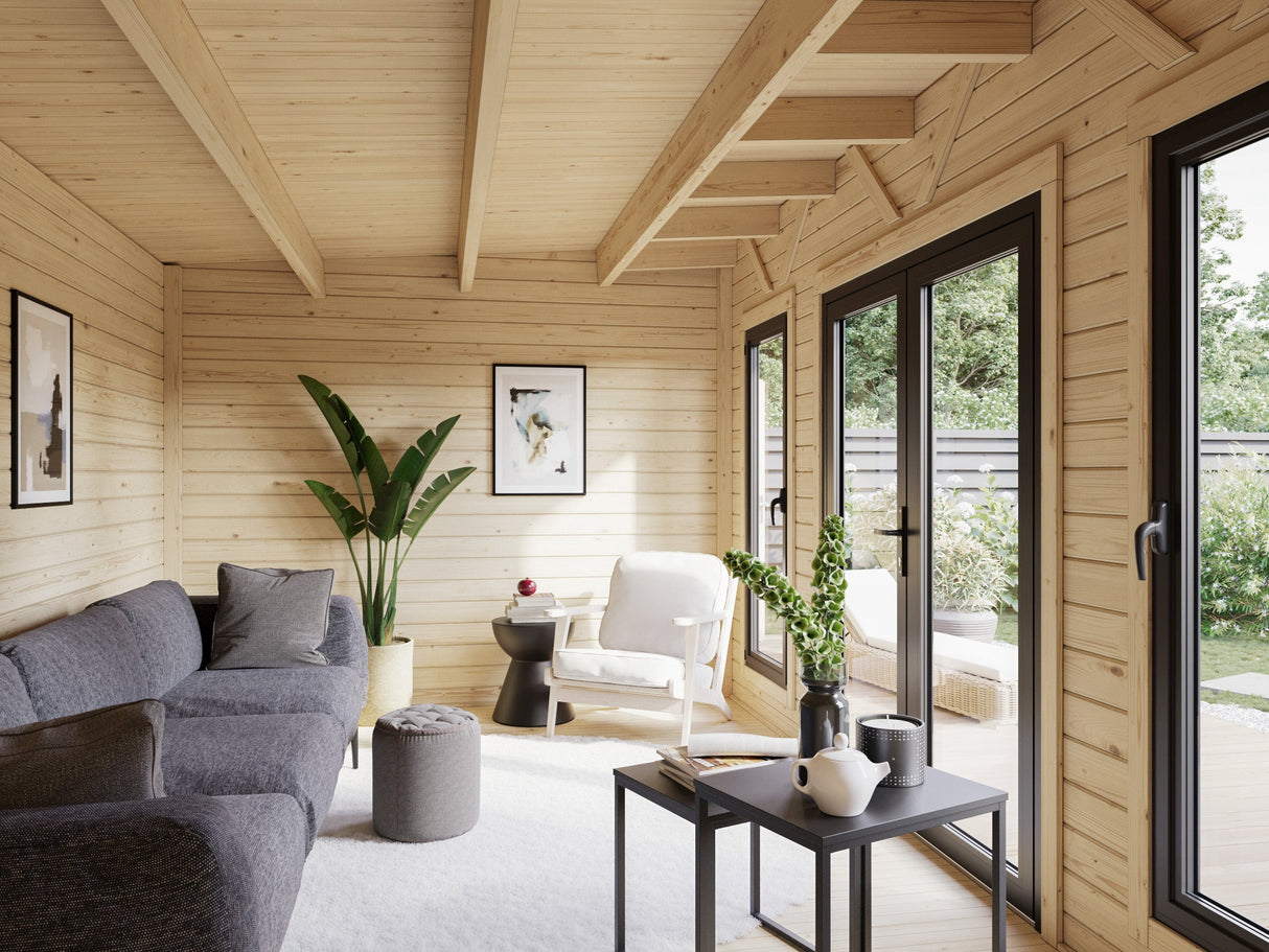 Aurelia XL (5,9x3 m | 16,7 m² | 44 mm) Moderni pihahuone työkaluvajalla