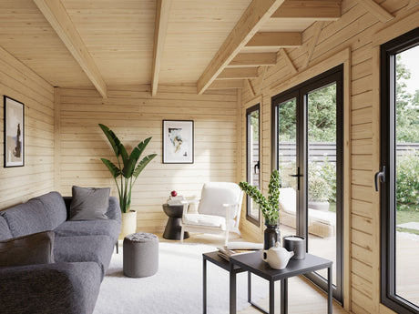 Aurelia XL (5,9x3 m | 16,7 m² | 44 mm) Moderni pihahuone työkaluvajalla