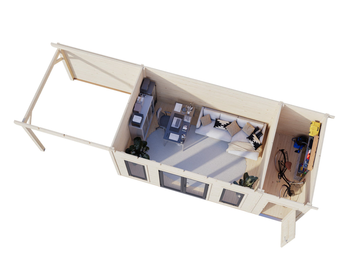 Aurelia XL+ (8,9x3 m | 16,7 + 7,9 m² | 44 mm) Tasakattoinen hirsimökki katoksella ja sivuvajalla