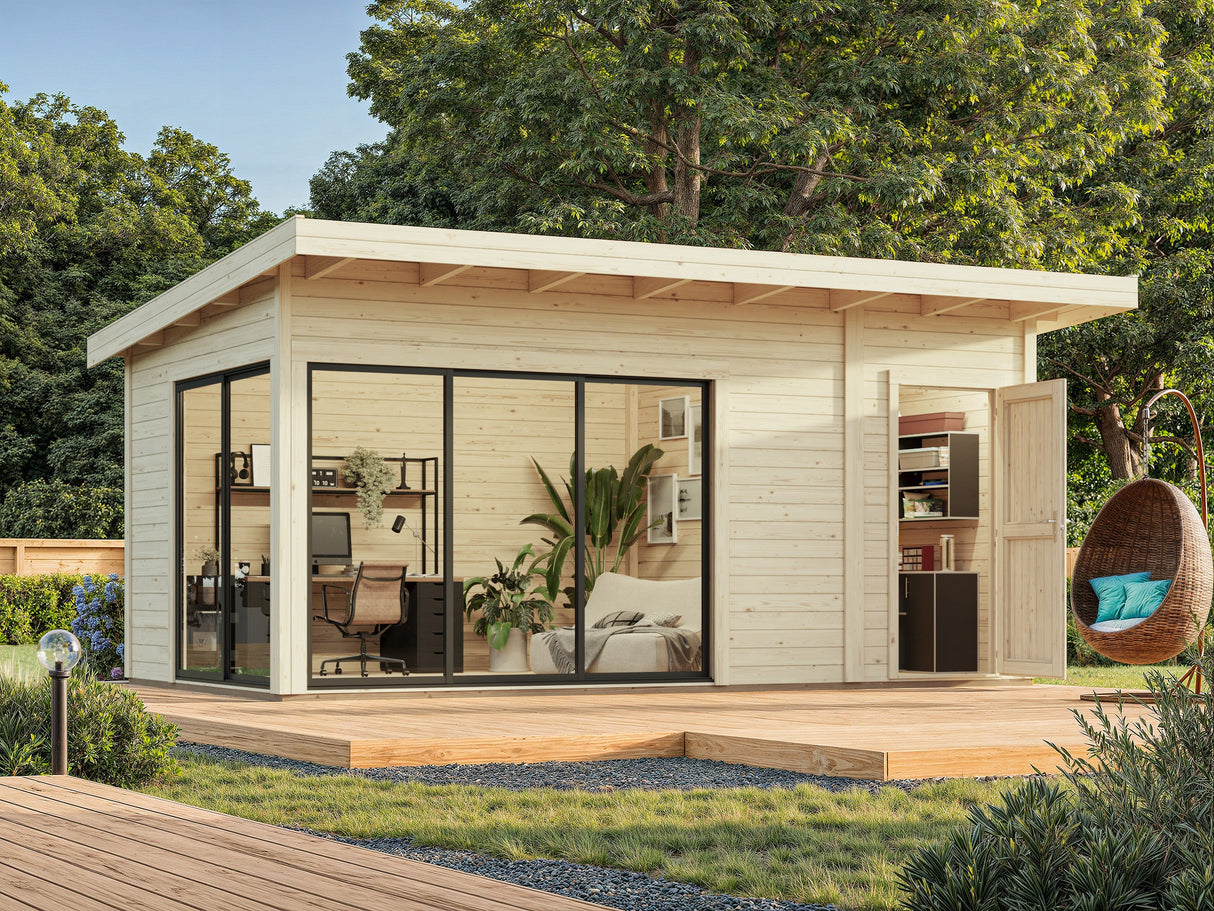 Andrea S+ (5,3x3 m | 15,2 m² | 44 mm) Kompakti moderni hirsimökki työkaluvajalla