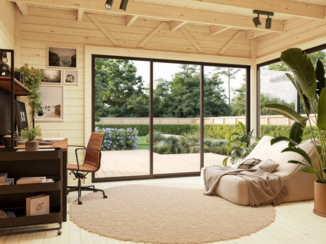 Andrea S+ (5,3x3 m | 15,2 m² | 44 mm) Kompakti moderni hirsimökki työkaluvajalla