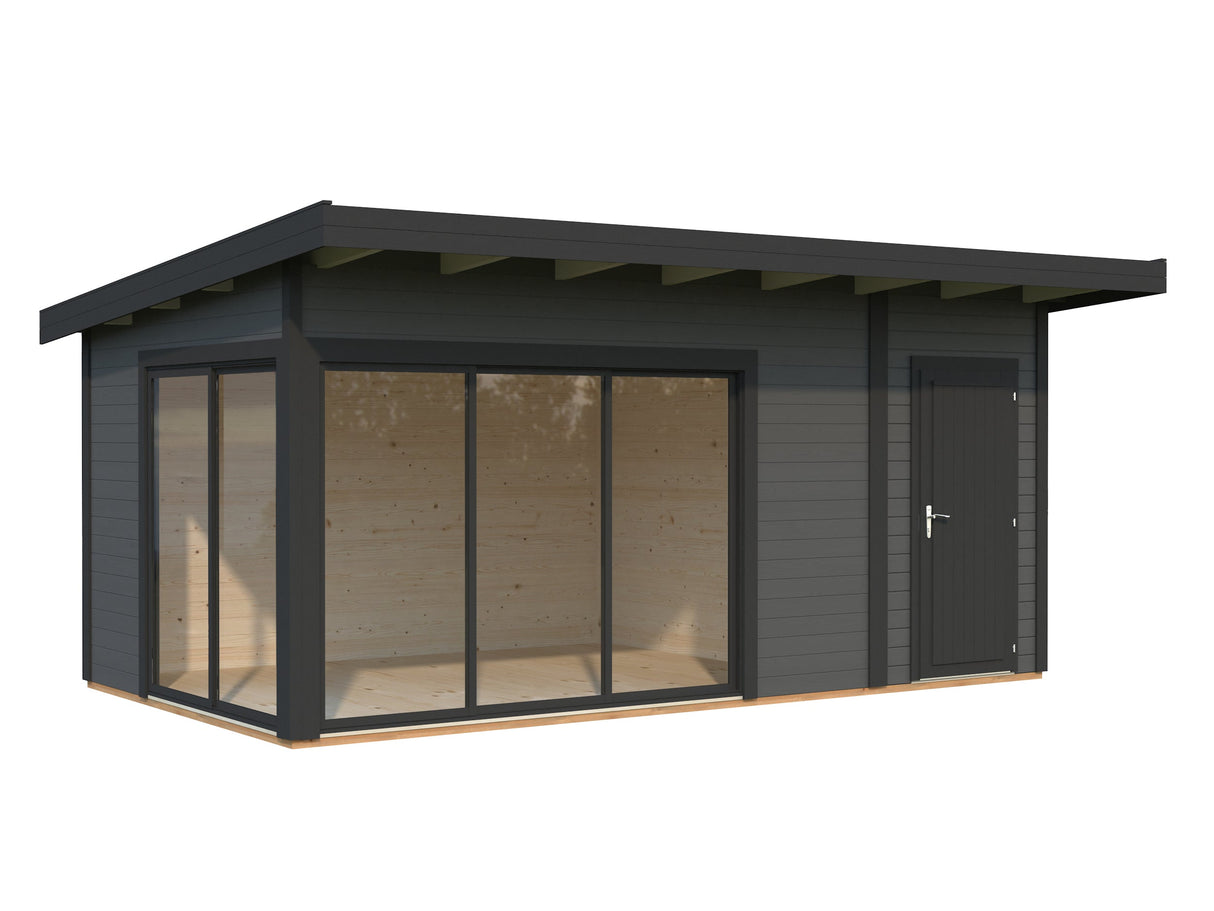 Andrea S+ (5,3x3 m | 15,2 m² | 44 mm) Kompakti moderni hirsimökki työkaluvajalla