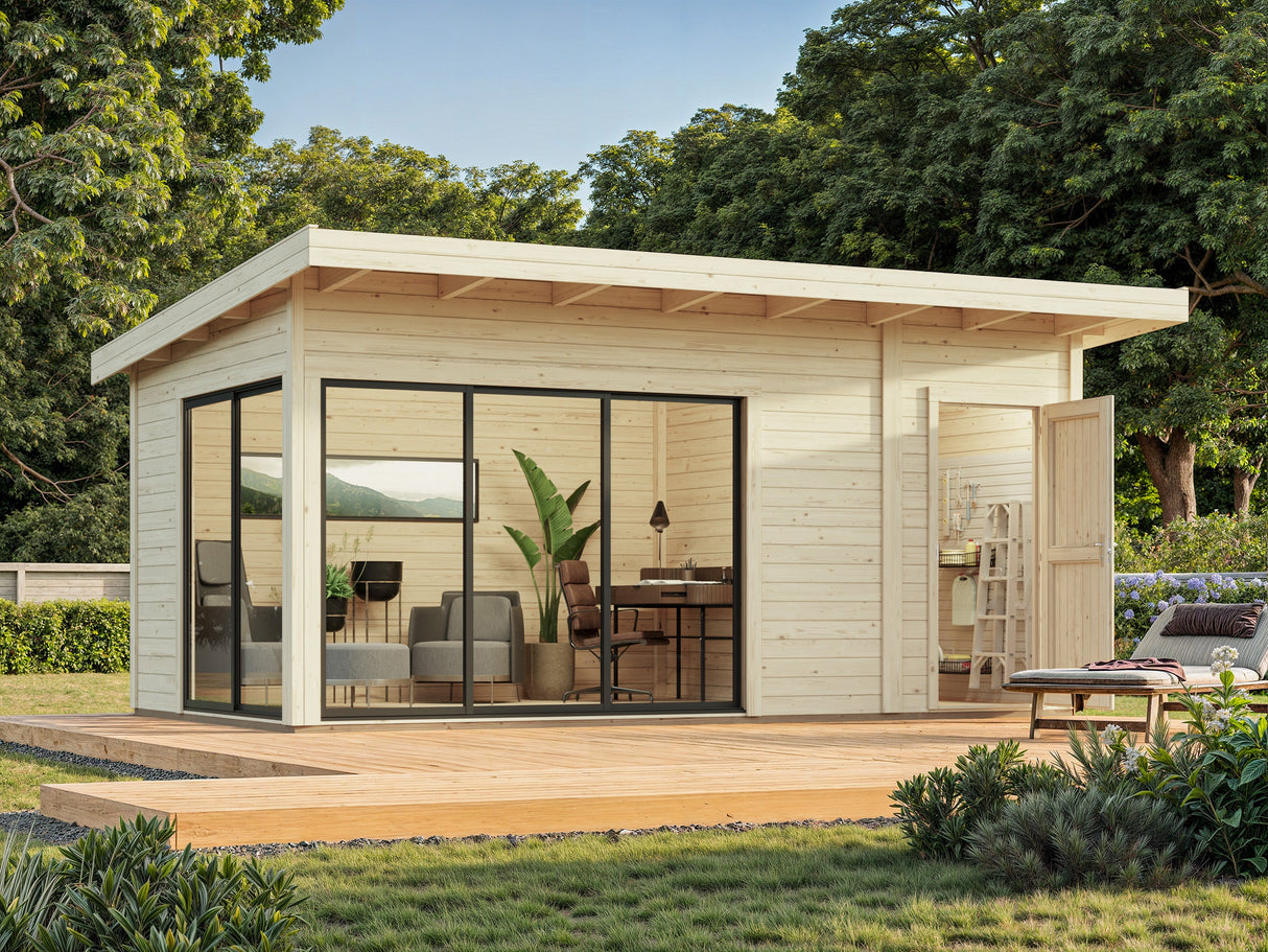 Andrea S+ (5,3x3 m | 15,2 m² | 44 mm) Kompakti moderni hirsimökki työkaluvajalla