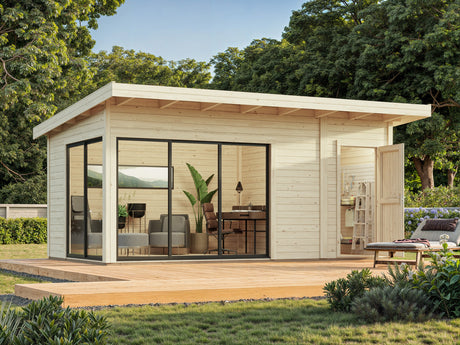 Andrea S+ (5,3x3 m | 15,2 m² | 44 mm) Kompakti moderni hirsimökki työkaluvajalla