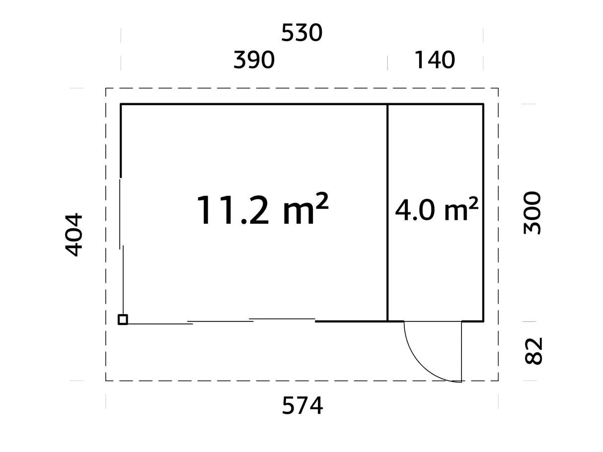 Andrea S+ (5,3x3 m | 15,2 m² | 44 mm) Kompakti moderni hirsimökki työkaluvajalla