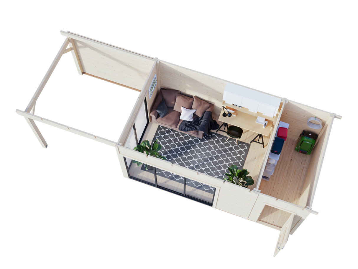 Andrea L+ (8,3x3 m | 15,2 + 7,9 m² | 44 mm) Pihamökki liukuovella, katoksella ja sivuvajalla