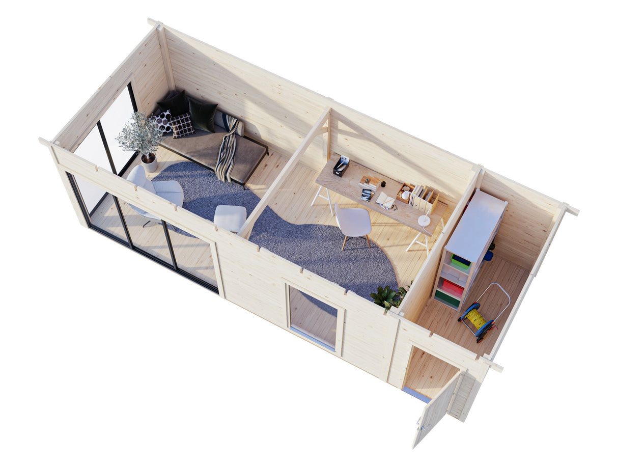 Andrea M+ (7,4x3 m | 21,1 m² | 44 mm) Moderni hirsimökki sivuvajalla