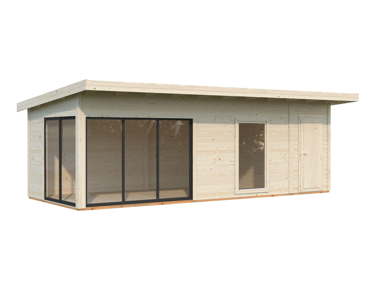 Andrea M+ (7,4x3 m | 21,1 m² | 44 mm) Moderni hirsimökki sivuvajalla