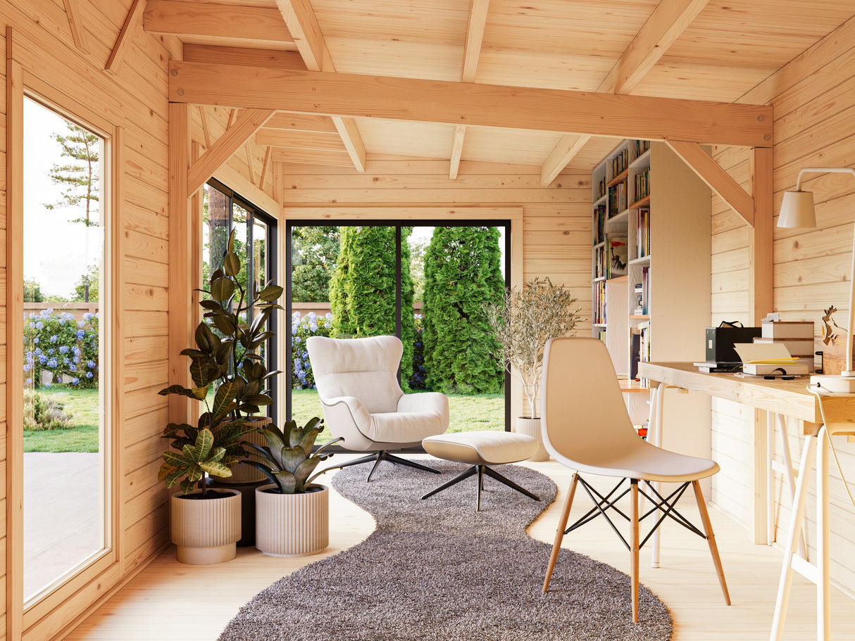 Andrea M+ (7,4x3 m | 21,1 m² | 44 mm) Moderni hirsimökki sivuvajalla