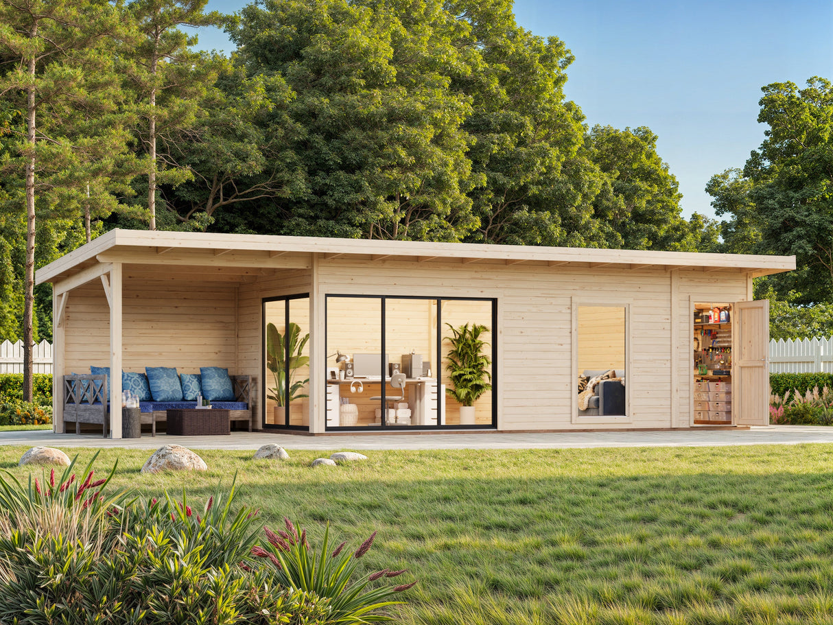 Andrea XL+ (10,4x3 m | 21,1 + 7,9 m² | 44 mm) Moderni pihamökki katoksella ja sivuvajalla