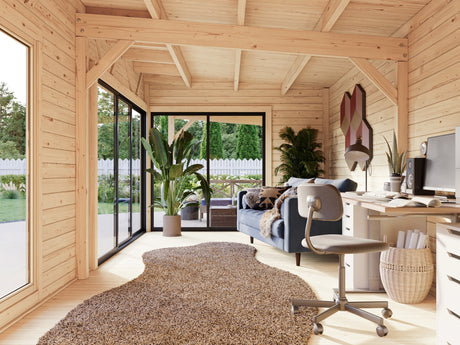 Andrea XL+ (10,4x3 m | 21,1 + 7,9 m² | 44 mm) Moderni pihamökki katoksella ja sivuvajalla