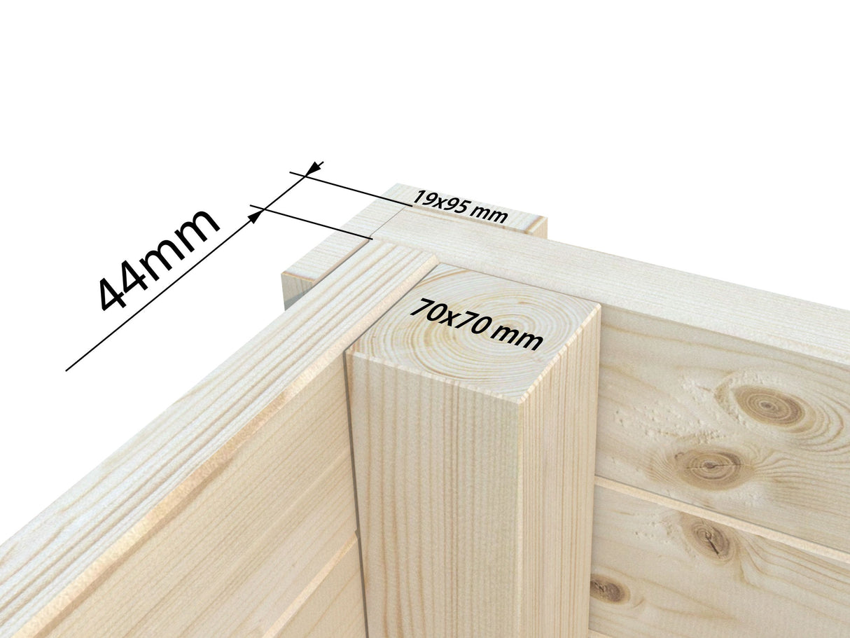Andrea XL+ (10,4x3 m | 21,1 + 7,9 m² | 44 mm) Moderni pihamökki katoksella ja sivuvajalla