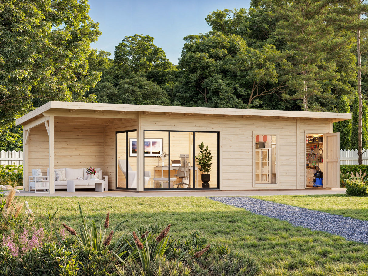 Andrea XL+ (10,4x3 m | 21,1 + 7,9 m² | 44 mm) Moderni pihamökki katoksella ja sivuvajalla