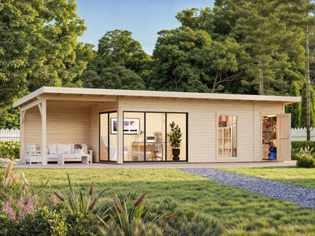 Andrea XL+ (10,4x3 m | 21,1 + 7,9 m² | 44 mm) Moderni pihamökki katoksella ja sivuvajalla