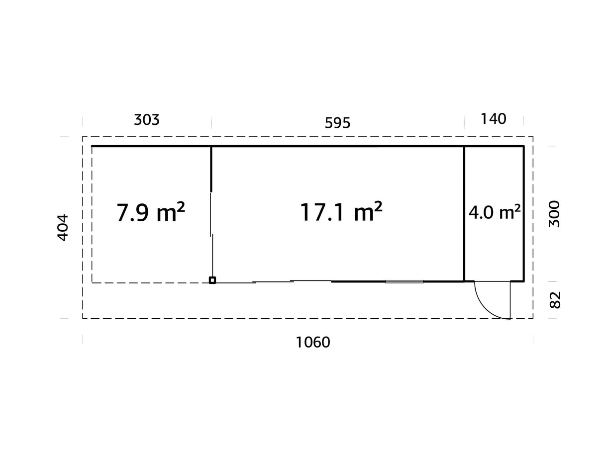 Andrea XL+ (10,4x3 m | 21,1 + 7,9 m² | 44 mm) Moderni pihamökki katoksella ja sivuvajalla