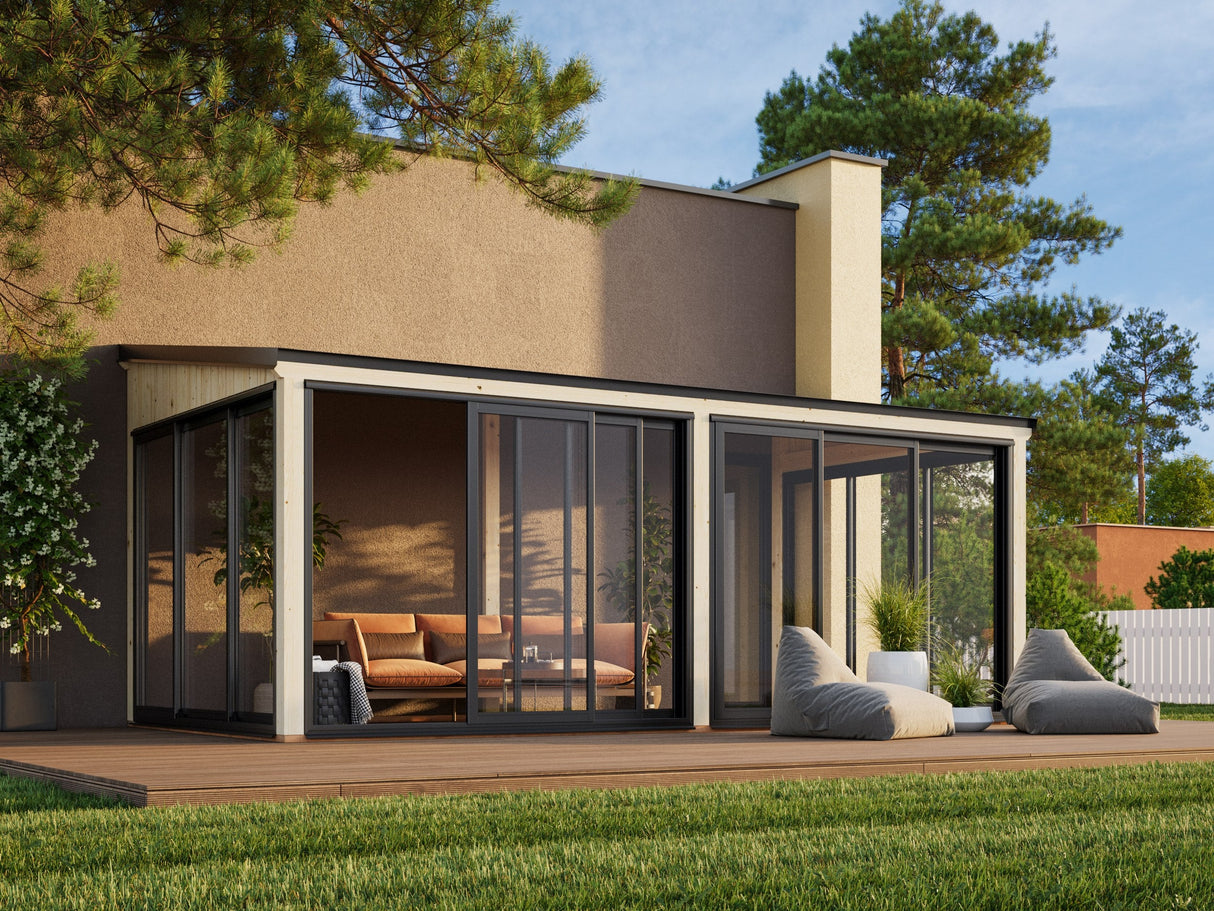 Lumi M (4,2x3 m | 11,6 m² | 120x120 mm) Kiinteä lasipaviljonki laajennuksena pihaan