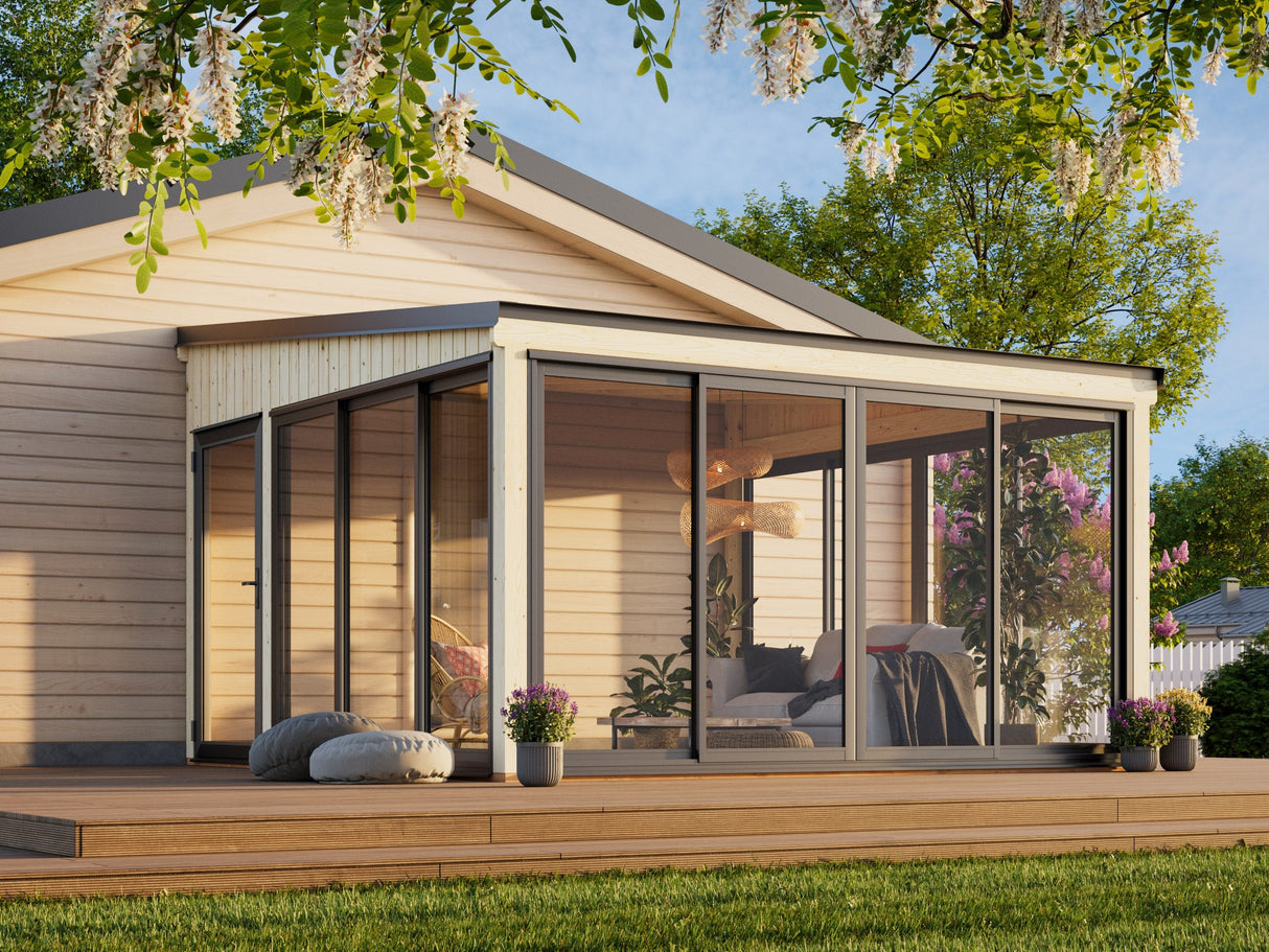 Lumi L (4,2x4,2 m | 16,6 m² | 120x120 mm) Kiinteä puu– ja lasipaviljonki pihaan