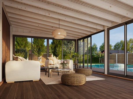 Lumi XL (5,8x4,2 m | 23,3 m² | 120x120 mm) Tilava kiinteä lasipaviljonki tai kesähuone pihaan