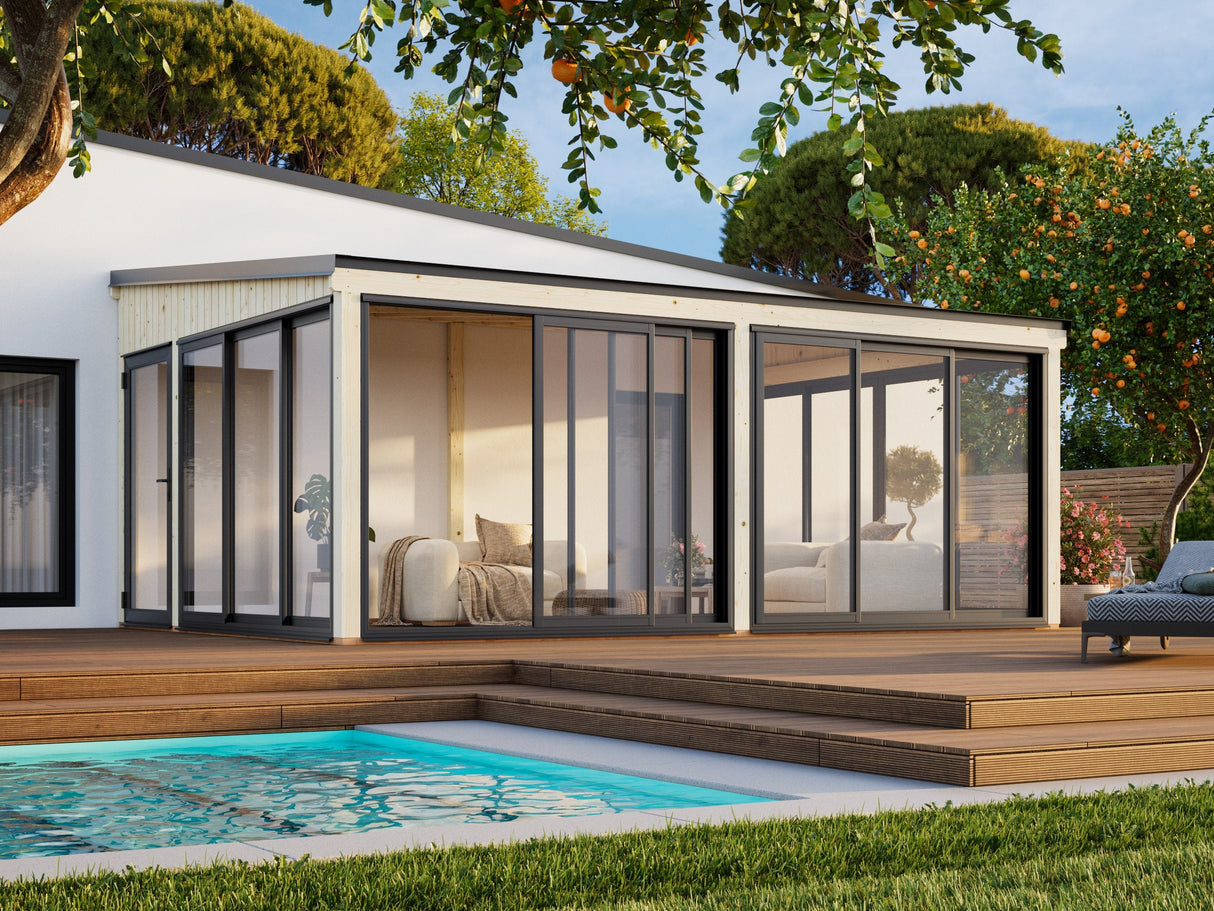 Lumi XL (5,8x4,2 m | 23,3 m² | 120x120 mm) Tilava kiinteä lasipaviljonki tai kesähuone pihaan