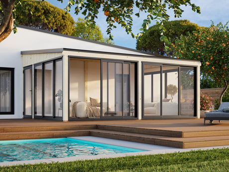 Lumi XL (5,8x4,2 m | 23,3 m² | 120x120 mm) Tilava kiinteä lasipaviljonki tai kesähuone pihaan