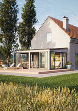 Lumi XL (5,8x4,2 m | 23,3 m² | 120x120 mm) Tilava kiinteä lasipaviljonki tai kesähuone pihaan