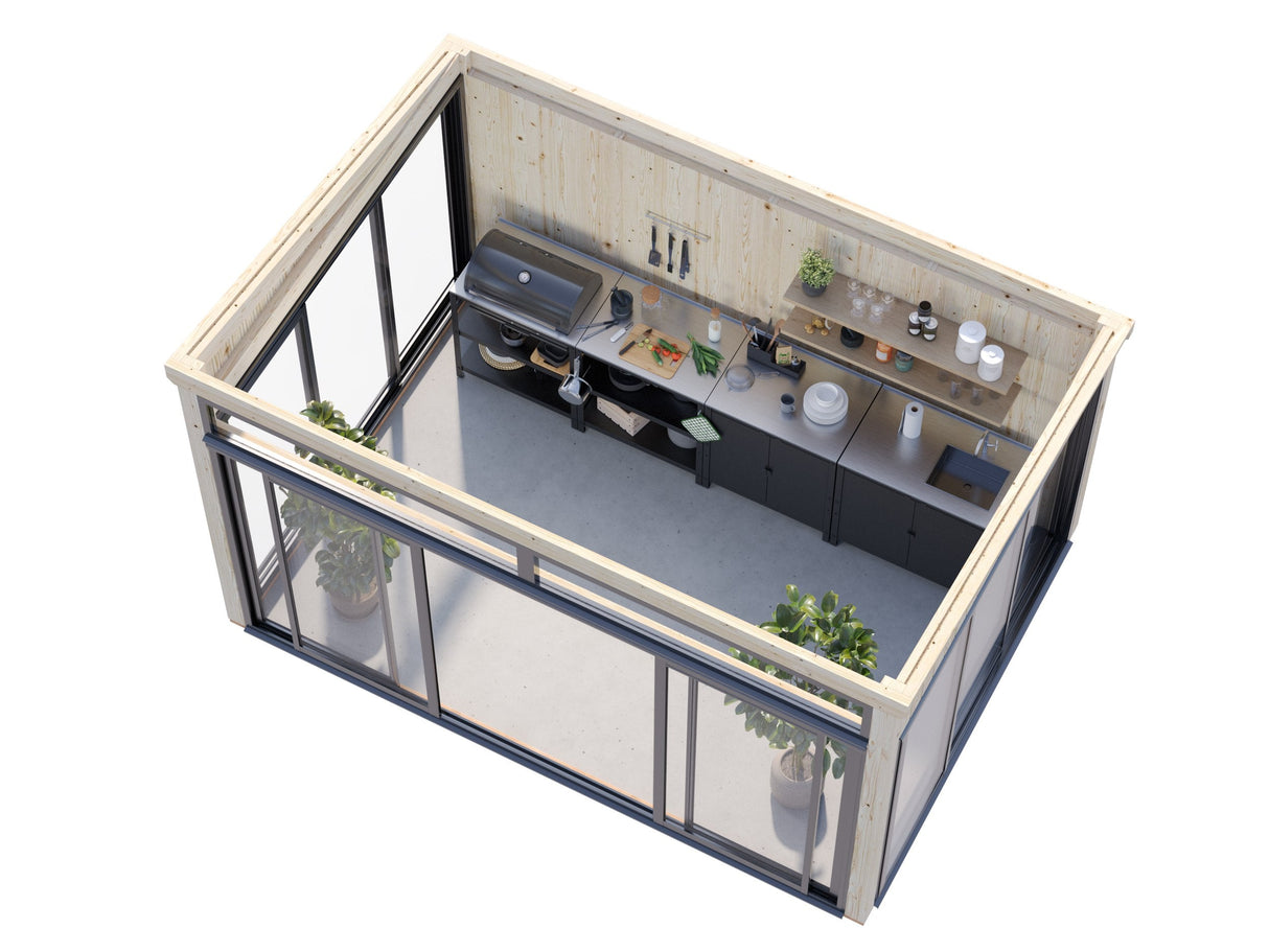 Saga S (4,2x3 m | 11,6 m² | 120x120 mm) Kompakti erillinen lasipuutarha tai kesähuone pihaan