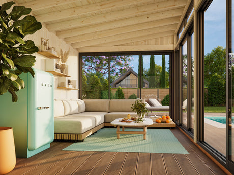 Saga M (5,8x3 m | 16,2 m² | 120x120 mm) Erillinen moderni lasipuutarha tai kesähuone pihaan