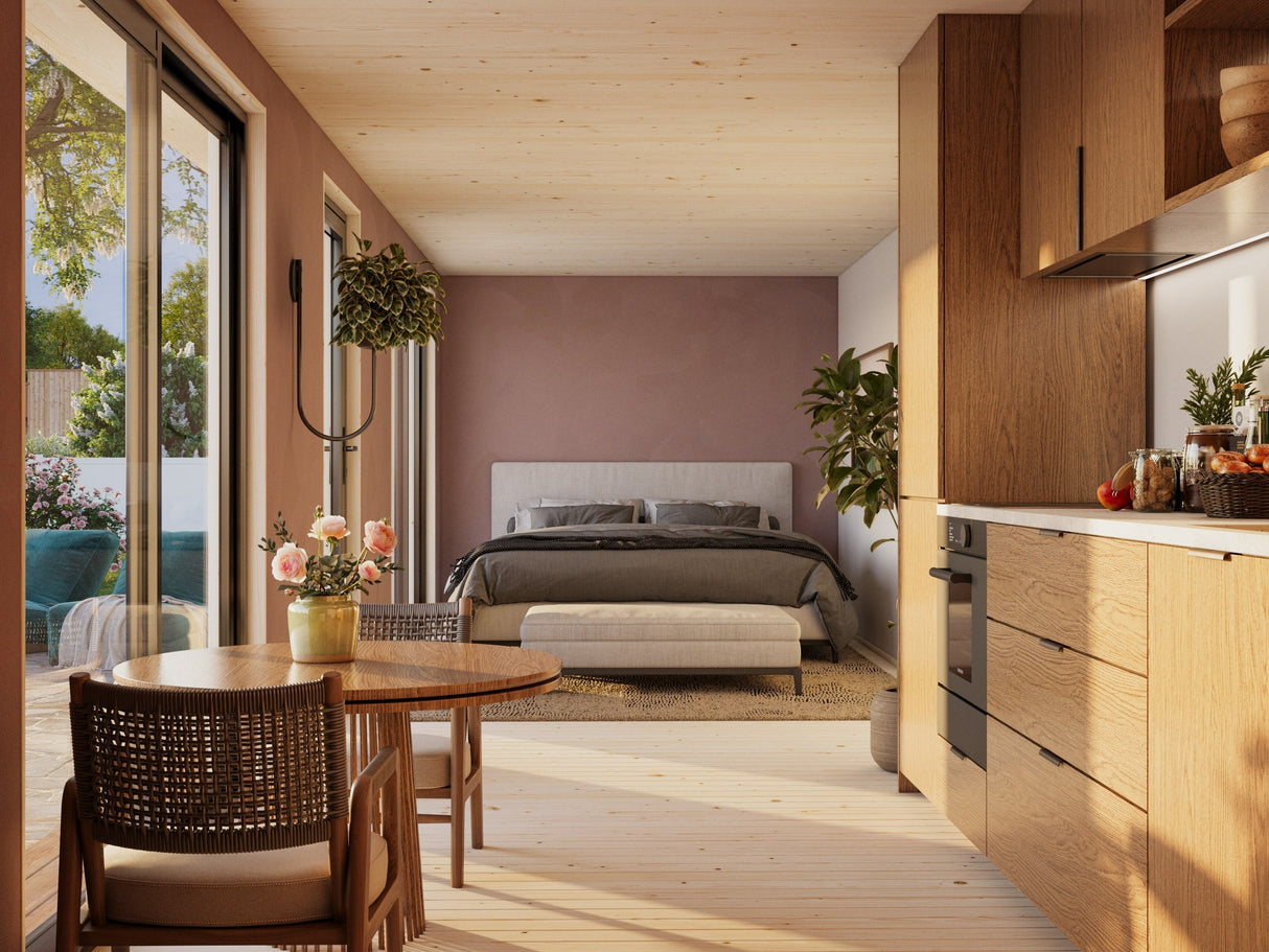 Johanna L (9,x3,4 m | 22,4 m² | 18 mm) Tasakattoinen pohjoismainen tiny house – eristysvalmis