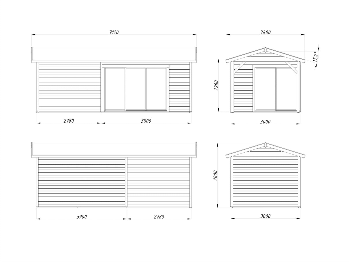 Amanda S+ (6,7x3m | 11,2+7,8 m2 | 44mm) Moderni vierasmaja katoksella ja liukuovilla (Saatavilla kaksoislasituksella)