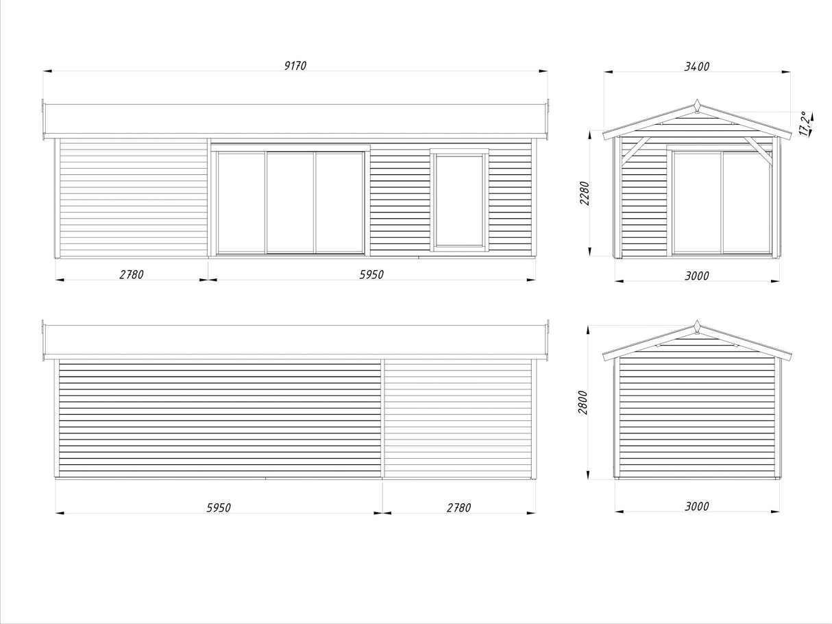Amanda M+ (8,7x3m | 17,1+7,8 m2 | 44mm) Moderni vierasmaja katoksella ja liukuovilla (Saatavilla kaksoislasituksella)