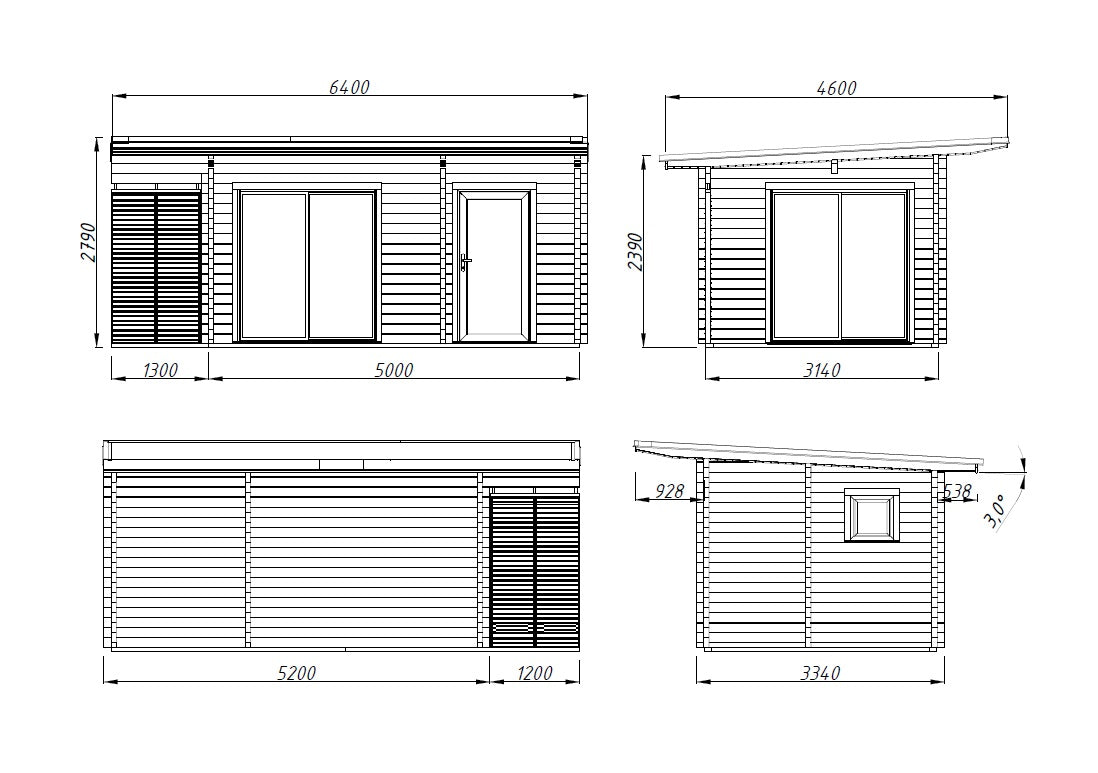 Cecilia S (5,2x3,3m | 14,2m² | 70mm) Kaksihuoneinen moderni kesämökki alumiiniovilla ja -ikkunoilla
